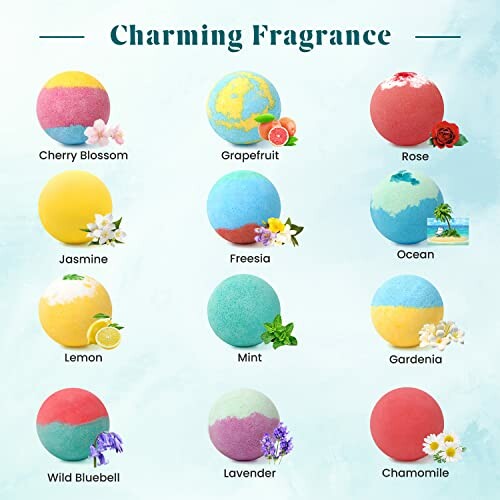 Twelve colorful bath bombs with various fragrances including Cherry Blossom, Grapefruit, Rose, Jasmine, Freesia, Ocean, Lemon, Mint, Gardenia, Wild Bluebell, Lavender, Chamomile.