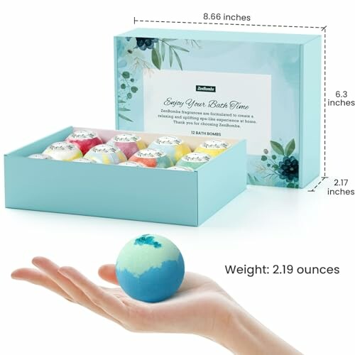 Box of bath bombs with hand holding a blue bath bomb.