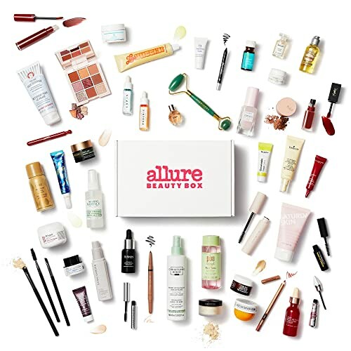 Various beauty products arranged around an Allure Beauty Box