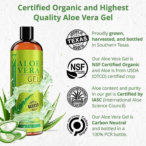 Certified organic aloe vera gel from Southern Texas with various certifications.