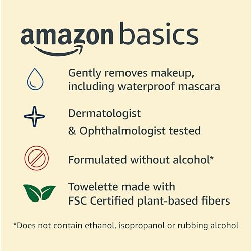 Amazon Basics makeup remover features, including gentle removal, dermatologist tested, alcohol-free, FSC certified fibers.