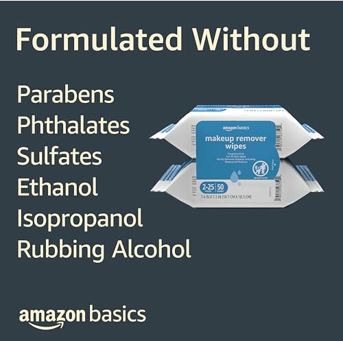 Amazon Basics makeup remover wipes, formulated without parabens, phthalates, sulfates, ethanol, isopropanol, rubbing alcohol.