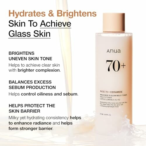 Anua 70+ Rice Toner bottle with benefits listed: brightens uneven skin tone, balances sebum, protects skin barrier.