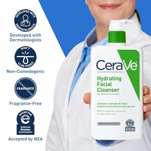 Person holding CeraVe Hydrating Facial Cleanser bottle with features highlighted.