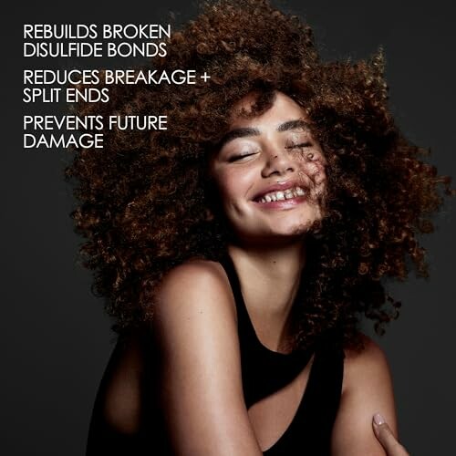 Smiling woman with curly hair, text about hair repair benefits.