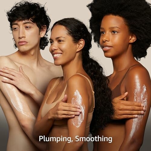 Three people applying skincare lotion on their arms.