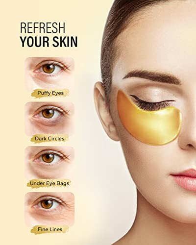 Woman with gold eye patch for skin care, addressing puffy eyes, dark circles, under eye bags, and fine lines.