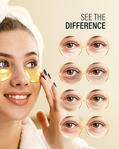 Woman using gold eye mask with before and after eye images