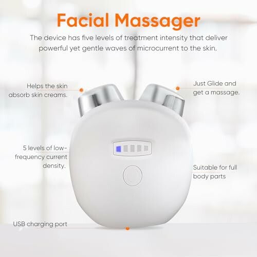 Facial massager with treatment intensity levels and USB port.