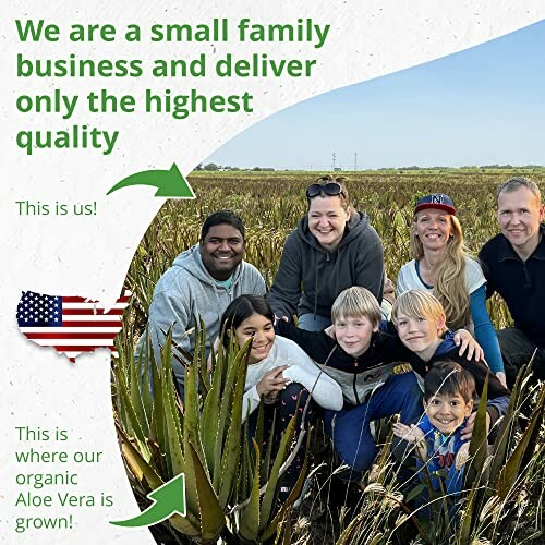 Family posing in an aloe vera field promoting small business quality.