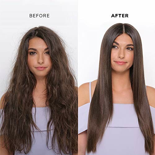 Woman with frizzy hair before and smooth straight hair after.