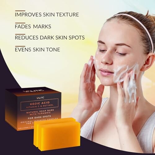 Woman washing face with soap, benefits listed.