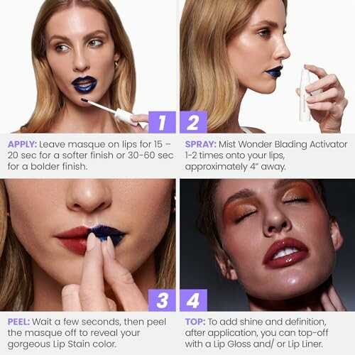 Step-by-step lip stain application: apply, activate, peel, and top off.