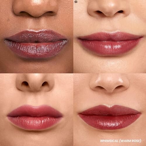 Four different lipstick shades on lips, labeled Whimsical (Warm Rose).