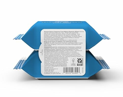 Blue packaging of fragrance-free makeup remover wipes with ingredients listed.