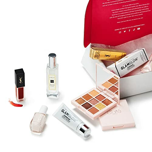 Assorted makeup and skincare products displayed on a white background