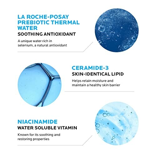 Skincare ingredients including prebiotic thermal water, ceramide-3, and niacinamide.