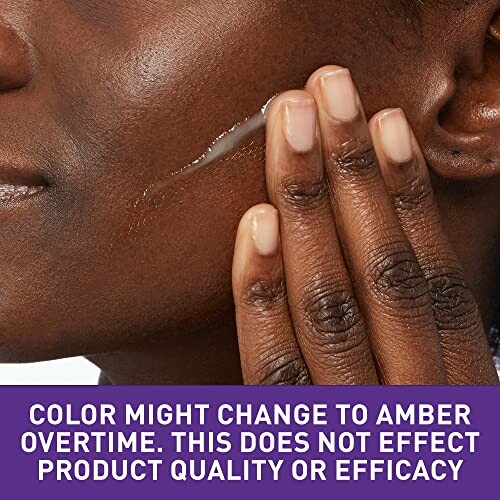 Person applying skincare product with text about color change.