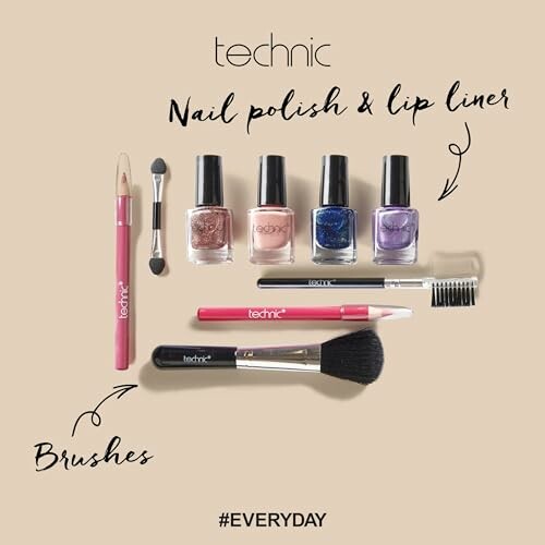 Technic makeup set with nail polish, lip liner, brushes, and tools.