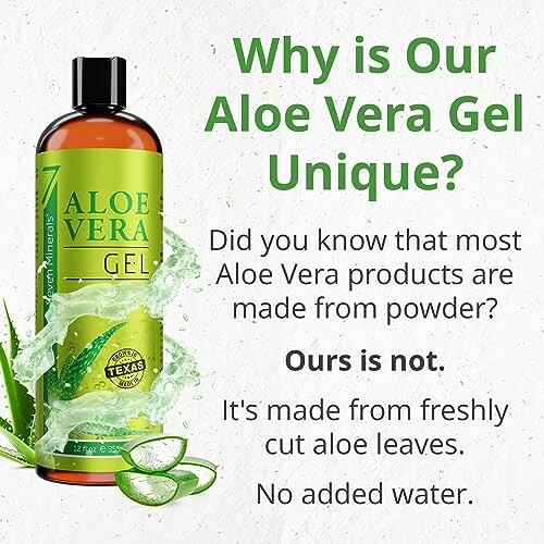 Aloe vera gel bottle with text about its uniqueness.