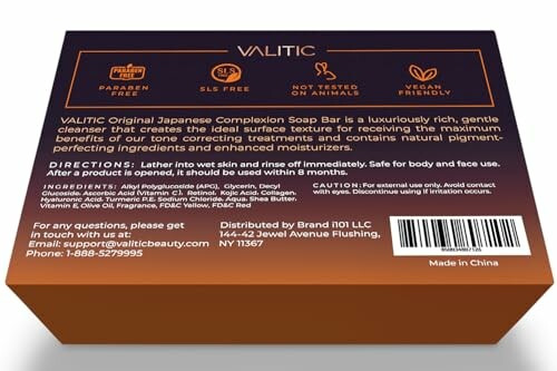 Back of Valitic soap box with product details and contact information.